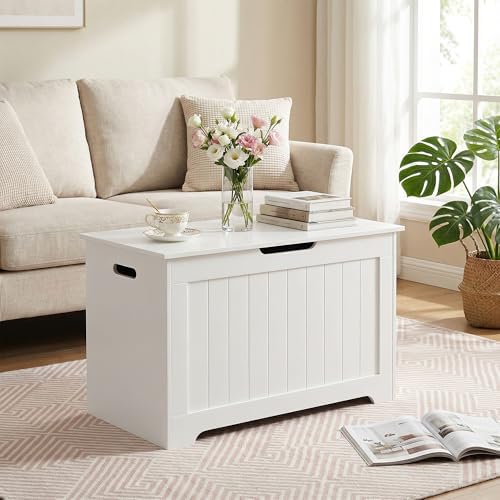 ZenStyle Storage Chest, Wood Storage Bench with 2 Safety Hinges, Storage Trunk Box Bench Entryway Bench for Bedroom and Living Room (White)