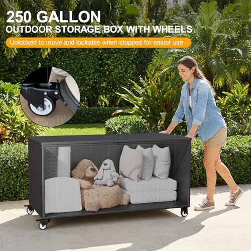 250 Gallon Metal Large Outdoor Deck Box with 4 Wheels, Black