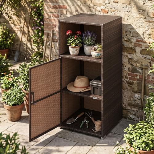 Tangkula Rattan Outdoor Storage Cabinet with 3 Storage Shelves