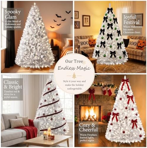 Prelit White Christmas Tree 6ft - White Halloween Tree with 300 LED Lights, 726 PVC Branches, Halloween & Xmas Tree for Holiday Decorations, Metal Stand and Hinged Branches