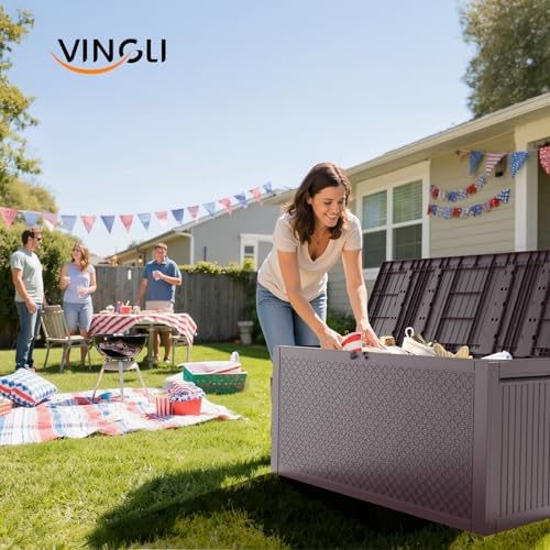 VINGLI 90 Gallon Lockable Durable Outdoor Storage Box, Brown