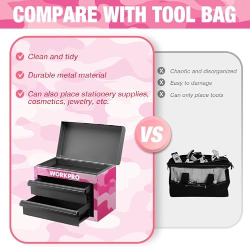 WORKPRO Metal Mini Tool Box with 2 Drawers and Top Storage