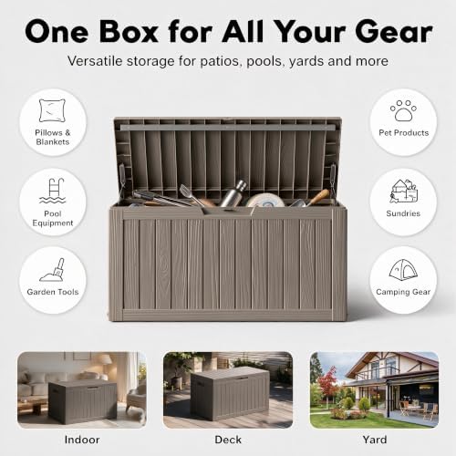 91 Gal Deck Box,Waterproof Resin Outdoor Storage Gas Lift,Lockable Grey
