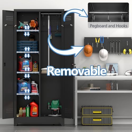 72.8" H Metal Broom Closet Storage Cabinet, Garage Storage Cabinet with Pegboard & Hanging Rod Hooks, Tall Storage Cabinet for Garage, Laundry Room, Black