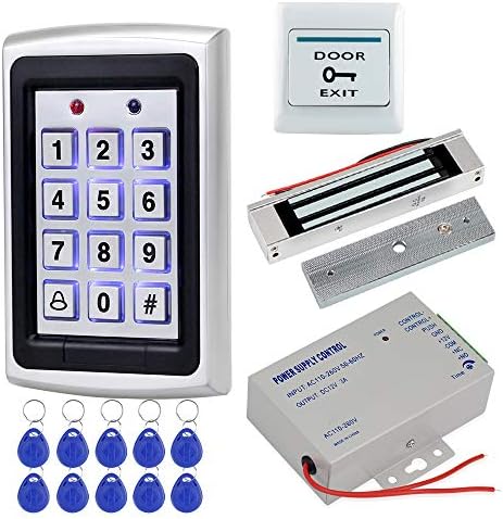 Full Kit Door Access Control System 125KHz RFID Keypad Reader Metal Case + 180KG Electromagnetic Lock + DC12V 3A Power Supply Controller + Door Exit Button + 10pcs Keyfobs