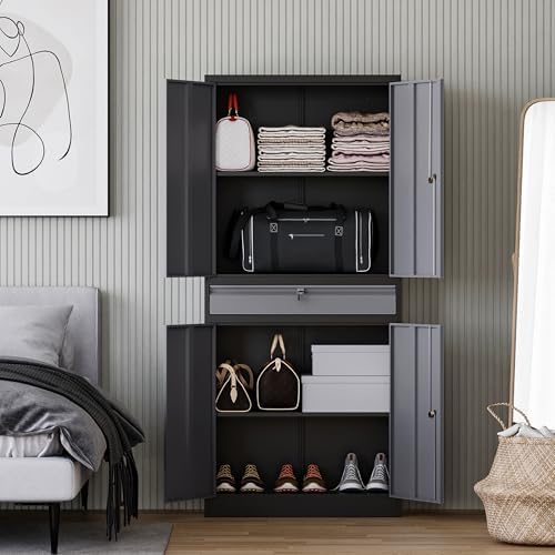 Letaya Metal Garage Storage Cabinet with Drawer,4 Door Tool Cabinet with Lock-2 Adjustable Shelves for Garage Home Office Utility Room (Black & Gray)