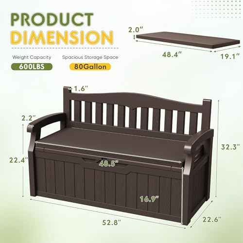 Greesum 80 Gallon Outdoor Storage Bench Deck Box with Cushion, Brown