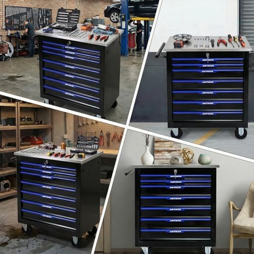 7-Drawer Rolling Tool Chest with Stainless Steel Worktop,Tool Chest with Secure Locking System,Mobile Storage Tool Cabinet with 360°Wheels and Padded Feet,for Home,Garage (Black+Blue)
