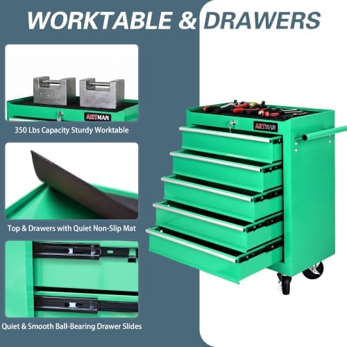 5 Drawers Rolling Tool Chest on Wheels, Multifunctional Tool Cart Tool Storage, Drawers Rolling Tool Trolley Organizer Tool Case for Garage,Warehouse,Workshop,Repair Shop (5 Drawers-Green)