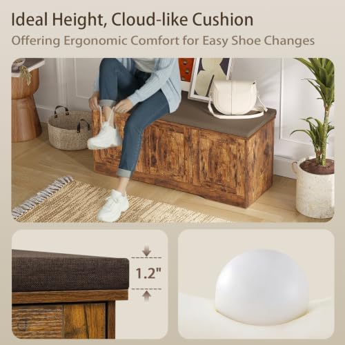 DINZI LVJ Shoe Storage Bench with Cushion, Door, Rustic Brown 39.4"LX17.7"H