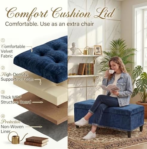 Joveco 41" Storage Bench,Tufted Fabric Storage Ottoman with Hinge and Legs