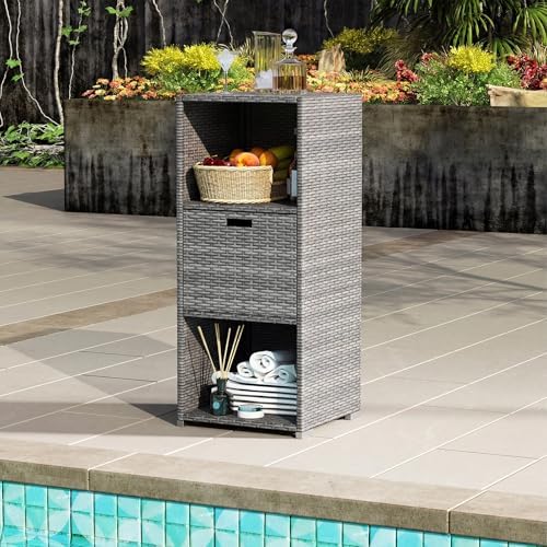HAPPYGRILL Outdoor Storage Cabinet PE Rattan Wicker Storage Shed Organizer with Shelves Drawer, for Patio Porch, Garden, Backyard and Poolside (Mix Grey)