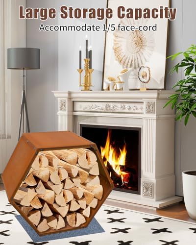 Firewood Rack Outdoor, Corten Steel Hexagon Firewood Holder, Rustic