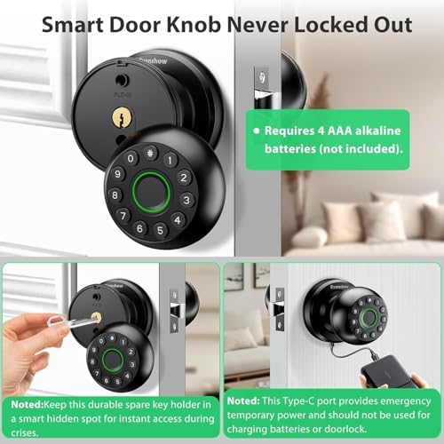 Smart Door Knob Fingerprint Lock 4-in-1 Keyless Entry (Fingerprint/App/Code/Key) Biometric Door with Auto-Lock Easy Install for Home/Bedroom/Office-Black