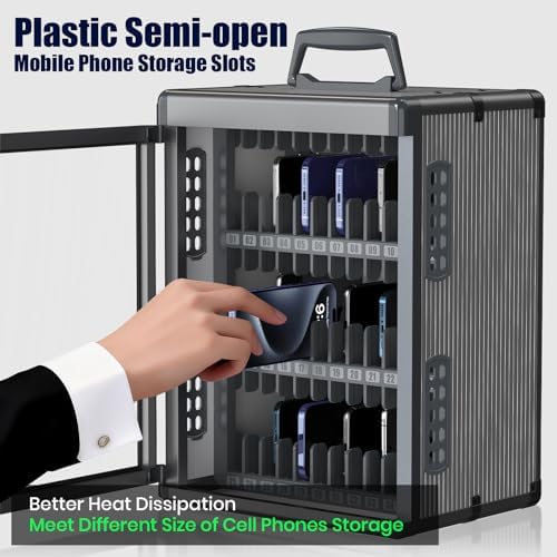48 Slots Cell Phone Locker for Classroom with Key, Portable Mobile Phone Storage Box with Handle & Charging Hole, Phone Lock Box Wall Mounted for School (Black, 48 Slots)