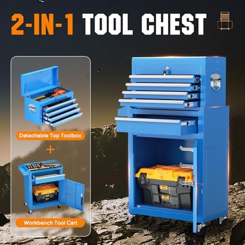Oakcloud Heavy-Duty 5-Drawer Rolling Tool Chest & Cabinet Combo with Black Liner – Lockable Steel Garage Tool Box on Wheels – Detachable Top Toolbox & Bottom Storage Cart with Side Hooks