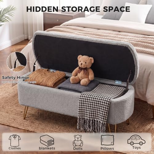 End of Bed Storage Bench for Bedroom, Small Boucle Storage Ottoman for Living Room Entryway, Teddy Fabric Upholstered Under Window Bench, Gold Legs, Grey