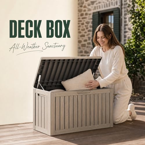Outdoor Storage Box Resin Deck Box Waterproof Gray Brown 98 Gallon