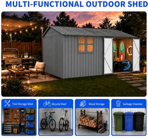 10x12 FT Outdoor Storage Shed, Large Metal Garden Shed with Window & Hinged Door, Upgraded Outside Tool Shed with Foldable Worktable & 2 Shelves, Waterproof Storage Building for Backyard, Gray