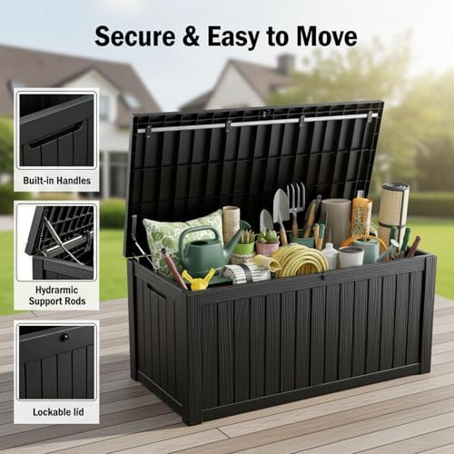MAKINO 152 Gallon Resin Outdoor Storage Box, Waterproof Deck Box with Lockable Lid, Outside Storage Box for Patio Furniture, Pool Accessories, Garden Tools, Storage Bench for Backyard, Porch, Black