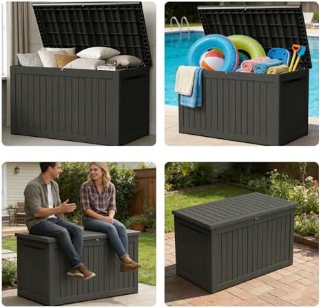 300 Gallon Outdoor Storage Box Resin Deck Box All Weather Waterproof Large Lockable Storage Container Deck Box for Patio Furniture, Garden Tools, Lockable, Black New