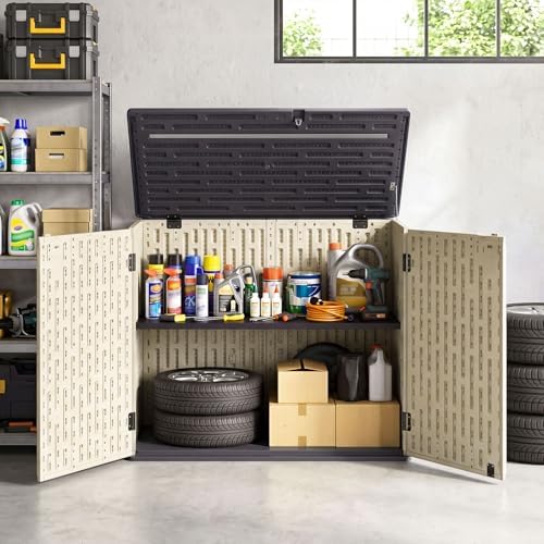 DREAMADE Horizontal Outdoor Storage Cabinet, 20 Cu.Ft Resin Shed, Beige