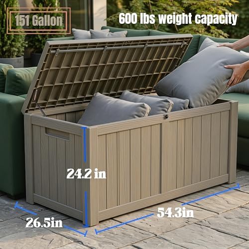 151 Gallon Large Resin Outdoor Storage Box, Waterproof Deck Box, Lockable Deck Container with Reinforced Support, Outdoor Chest for Patio Accessories, Outdoor Cushions, Garden Tools, Taupe Gray