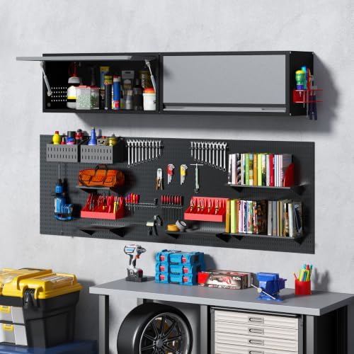Metal Garage Wall Cabinet with Doors Side with Holes,13.8"H 1 Door Small Wall Hanging Tool Chest Cabinet ,Garage Storage Cabinet for Garage, Basement, Kitchen, Warehouse,Office, Bathroom-Black Gray