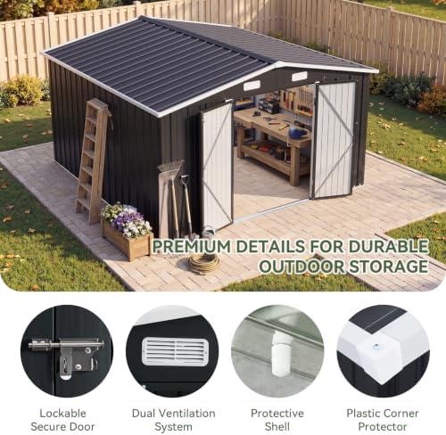 Aoxun 10x12 FT Outdoor Storage Shed with Lockable Double Doors, Black