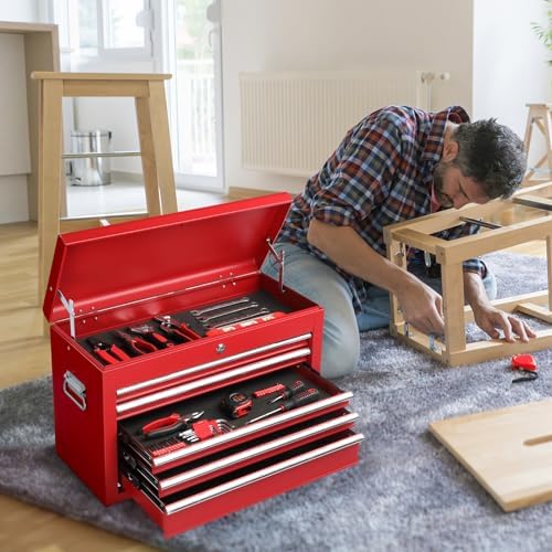 Winado 24" Metal Portable Tool Box with 5 Drawers, Lockable, Red
