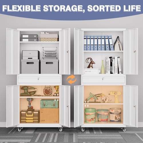 73" Metal Garage Storage Cabinet with Wheels， Rolling Tool Storage with Locking Doors， Adjustable Shelves and Drawer, Heavy Duty Steel Tool Cabinet for Garage, Warehouse, School(White)