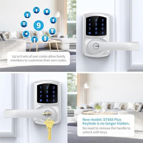 Signstek Keyless Entry,Digital Smartcode Door Lock for Front Door,Keypad Door Lock with Handle and Security Key,Touchscreen,Easy Installation,Silver