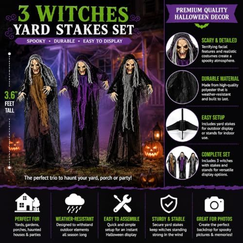 Fun Express Halloween Witches Outdoor Yard Stakes Decor, 3.6ft, 3pc