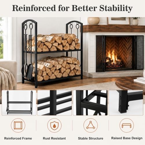 FEED GARDEN Firewood Rack with 4-Piece Fireplace Tools, Indoor Outdoor