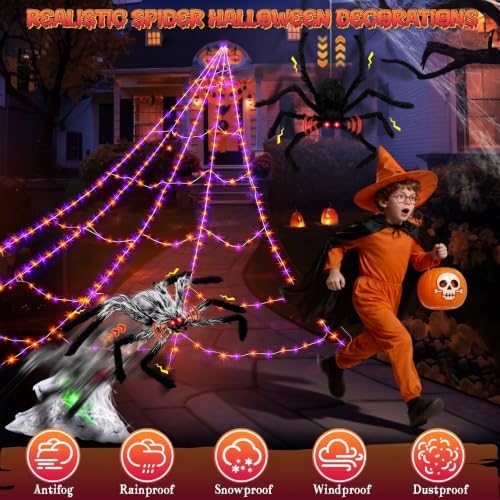 Halloween Spider Web Lights Decor+2 Animatronic 34'' Jumping Spider, Gray