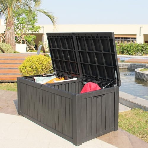 BTEXPERT 150 Gallon Large Resin Deck Box, Outdoor Storage Container with Metal Rods & Partition for Patio Furniture Cushions Garden Tools Equipment Waterproof Lockable UV Resistant
