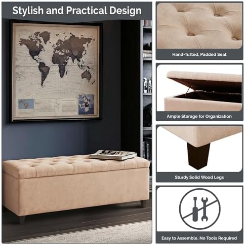 Madison Park 49" Upholstered Storage Bench, Button Tufted End of Bed Bench with Storage, Dual Spring Soft-Close Lid, Bedroom Bench for Queen King Bed, Entryway Living Room, Sand