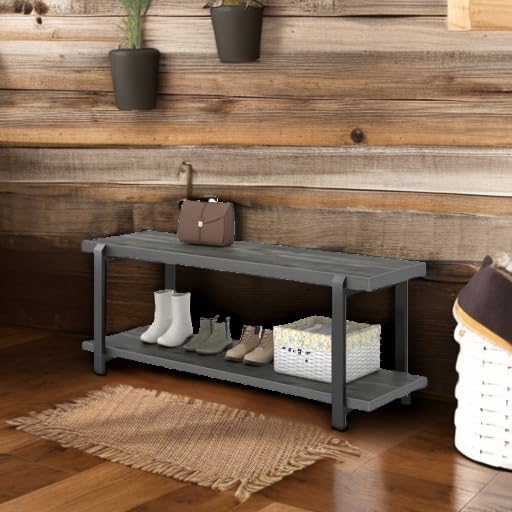 EXCEFUR Industrial Entryway Bench with Storage, Rustic Wood and Metal Shoe Rack Bench Seat, 47 Inch Grey