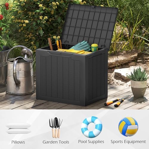 Giantex 25 Gallon Outdoor Storage Box, Patio Deck Box with Lockable Lid, Wicker-woven Texture, Waterproof Storage Bench for Pool Accessories, Garden Tools, Package Delivery, Patio Furniture (Black)