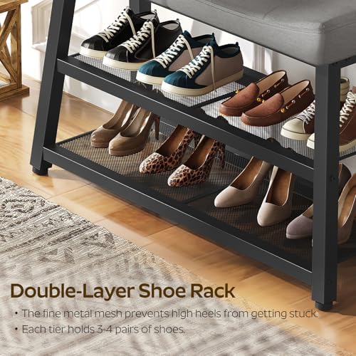 YATINEY Shoe Bench, 3-Tier Shoe Rack, Entryway Bench with Storage and Cushion, for Hallway, Foyer, Bedroom, Gray and Black HX02BG