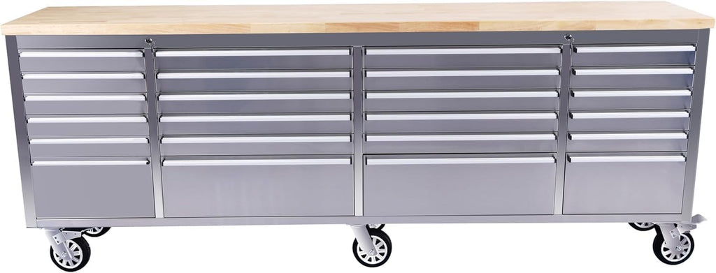 Rolling Tool Chest with Power Strip & Rubber Wood Top - 96 Inch Garage Workbench, Drawer Storage Cabinet Tool Box, Mobile Workstation