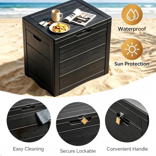 35 Gallon deck box outdoor waterproof, Resin Outdoor Storage, Black
