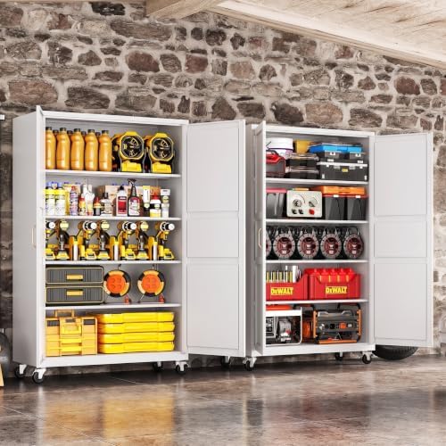 Metal Garage Storage Cabinet with Wheels, Wide & Deep Storage Cabinet with Door and Adjustable Shelves, 71" Rolling Tool Cabinet for Garage, Basement, Home Office