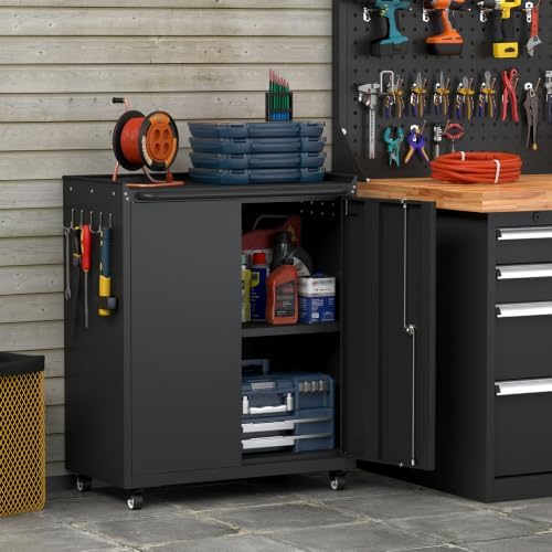 32''H Metal Storage Cabinets with Lock, Metal Garage Storage Cabinet on Wheels, Lockable Rolling Tool Chest Cabinet with Doors & Adjustable Shelves for Garage, Home, Office, Assembly Required