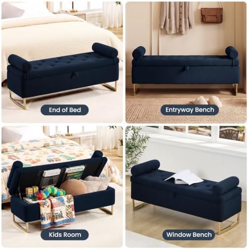 52" Storage Bench for Bedroom Upholstered End of Bed Bench Gold Leg Blue