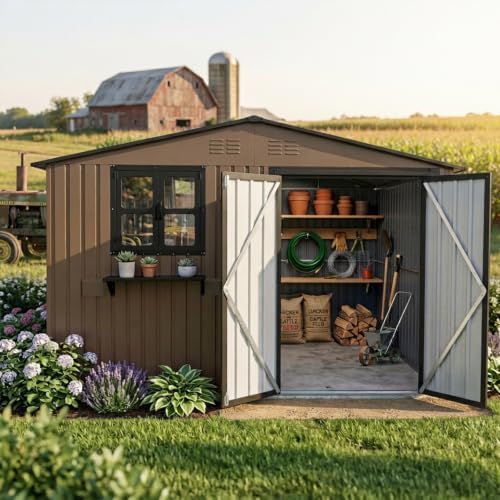 10x8 FT Outdoor Storage Shed with 2 Clear Windows, Metal Garden Shed with Flower Racks & Baskets, Outside Tool Shed with Lockable Double Doors, Waterproof Storage Building for Backyard, Brown