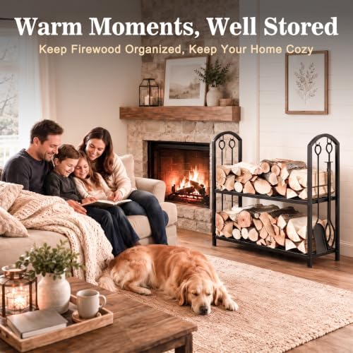 FEED GARDEN Firewood Rack with 4-Piece Fireplace Tools, Indoor Outdoor