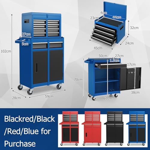 TANGZON Rolling Tool Chest, 2-in-1 Large Capacity Tool Cabinet with Wheels, 5 Drawers & Auto-Locking System, Heavy-Duty Metal Toolbox for Workshop, Warehouse, Garage (Black + Blue)