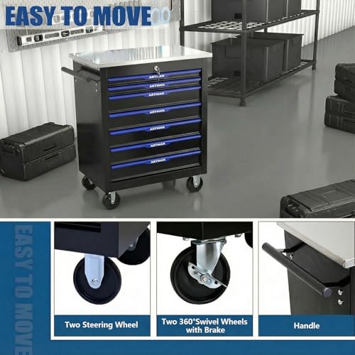 7-Drawer Rolling Tool Chest with Stainless Steel Worktop,Tool Chest with Secure Locking System,Mobile Storage Tool Cabinet with 360°Wheels and Padded Feet,for Home,Garage (Black+Blue)