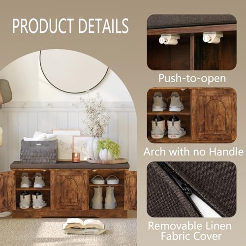 DINZI LVJ Shoe Storage Bench with Cushion, Door, Rustic Brown 39.4"LX17.7"H